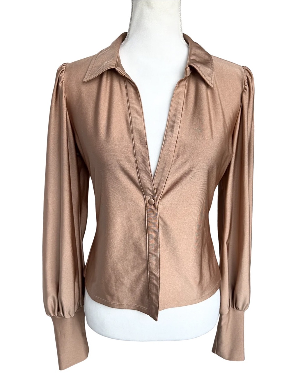 AFRM Zayne Top Satin Long Sleeve Size Medium Deep V One Button Statement Top